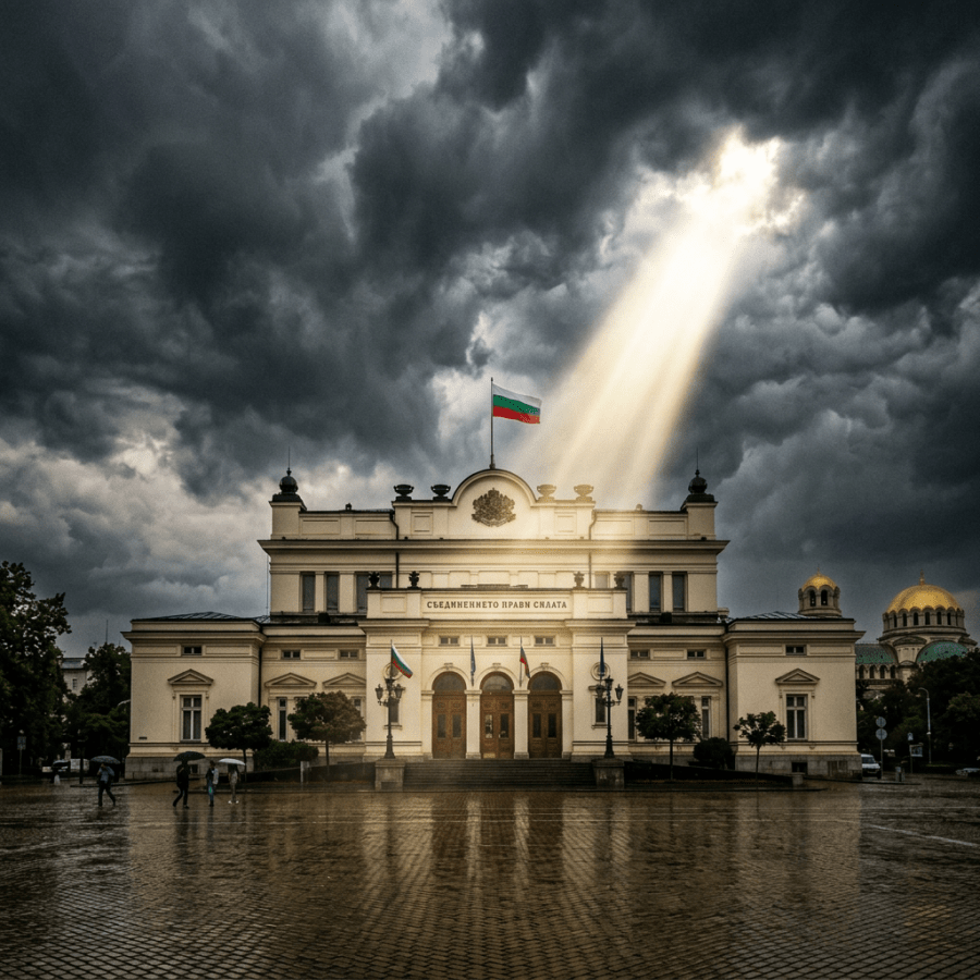 Bulgarian National Assembly building illuminated by a sunbeam under dark storm clouds